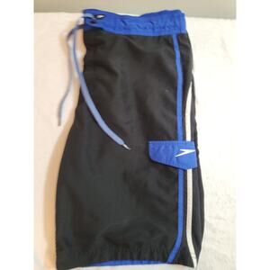 Speedo Swim Shorts Mens Medium Blue Black Striped Board Bermuda Tropical Beach